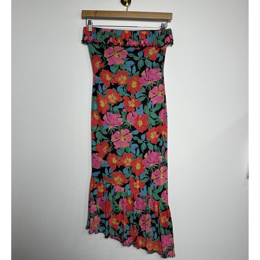Sage The Label Tropics Strapless Floral Midi Dress Asymmetric Ruffle S Summer
